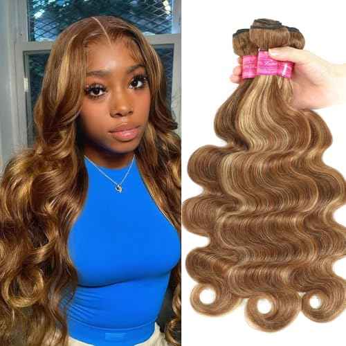 Honey Blonde Brown Highlight Body Wave Human Hair Weave 3 Bundles Brazilian Remy Hair Ombre Blonde Human Hair Wavy Weaves Sew in Piano Color P4/27