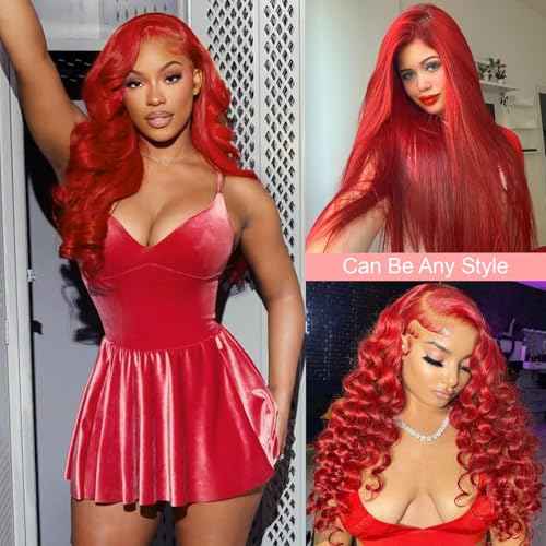 28 Inch Red Lace Front Wigs Human Hair 200 Density Red Body Wave 13x6 Lace Front Wigs Human Hair Pre Plucked 13x6 Colored HD Lace Frontal Glueless Wigs Human Hair for Women
