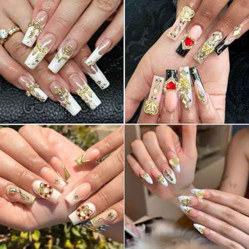 100Pcs Gold Nail Charms and Gems 3D Cross Nail Charms,Gold Rose,Hearts,Dollar,Bow,Cherry and Virgin Mary Nail Rhinestones for Nails Supplies