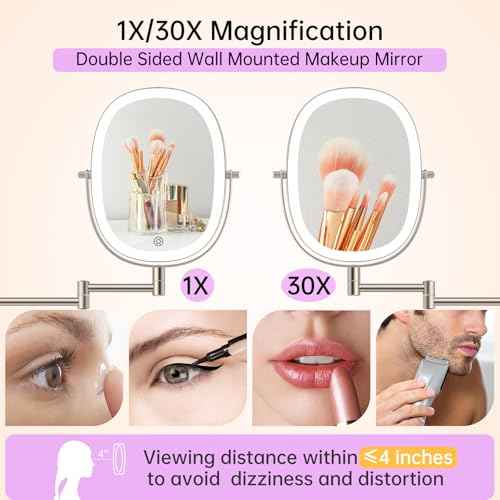 FUNTOUCH 30X/1X Wall Mounted Makeup Mirror,Rechargeable Double Sided Touch Switch Rectangle Oval Wall Mounted Magnifying Mirror with Light, 3 Color Setting,Extended Arm 360¡ÆFoldable, Nickel