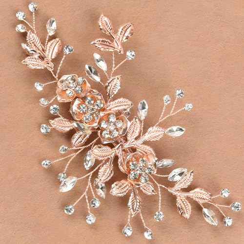 Bridal Hair Accessories Bright Rose Gold Wedding Hair Duckbill Clip for Brides, Handmade Rhinestone Hair Vine Wedding Head Pieces for Women and Bridesmaids Flower Girls