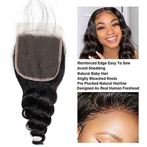 Brazilian Loose Wave 4x4 Lace Closure 100% Unprocessed Human Virgin Hair Pre Plucked Loose Deep Wave Pre-Plucked Hairline Frontal Closure Natural Black With Baby Hair (20inch, loose wave 4x4)