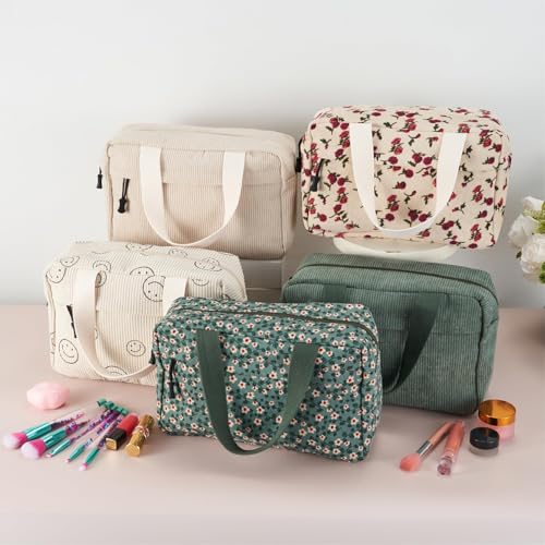 Large Makeup Bag for Women Corduroy Cosmetic bag Make up Bags Zipper Pouch with handle Cosmetic Organizer Toiletry Bag for Travel Storage