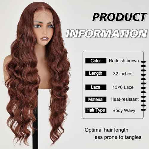Wave Hair Reddish Brown Pre-plucked Hairline with Baby Hair 13 * 6 Transparent HD Front Lace Wigs 32 inch Synthetic Wig Body Wave Style for Women Wear Heat-resistant Fiber