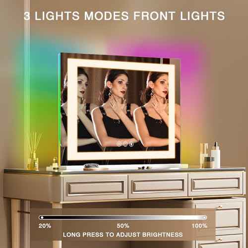 COOLJEEN RGB Vanity Mirror with Lights 23¡± X 18¡± Makeup Mirror with Front Light and RGB Backlit Lighted Makeup Mirror with 3 Color Lighting Dimmable Tempered Glass 10x Magnification and Wall-Mounted