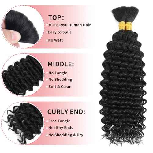 Human Braiding Hair for Boho Braids 12A Deep Water Wave Bulk Human Hair for Braiding No Weft Wet and Wavy Curly Human Hair Extensions (1B-Natural Black-Deep, 110g-28 Inch)