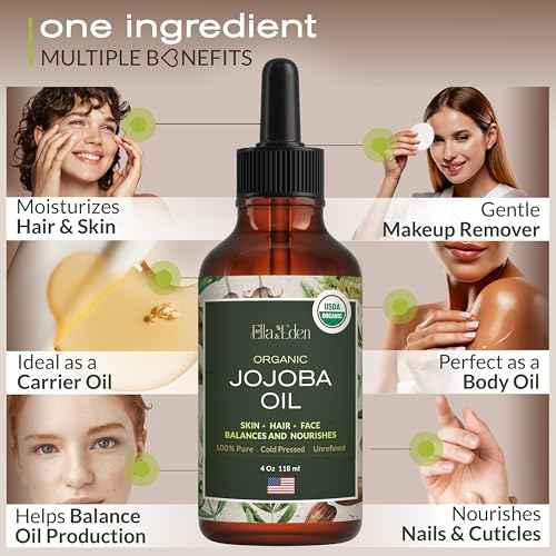 Ella & Eden Organic Jojoba Oil ? USDA Certified, Cold-Pressed, 100% Pure & Unrefined, Hexane-Free Oil for Skin, Face, Hair & Nails ? 4 Fl Oz Glass Bottle