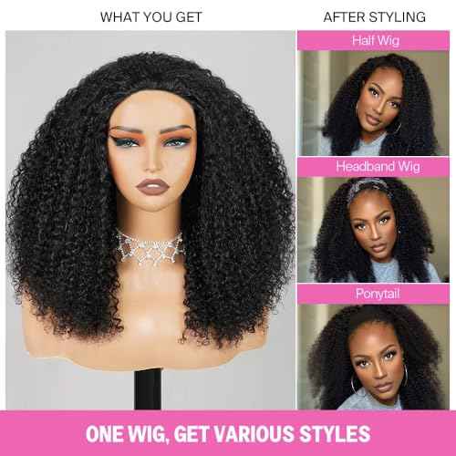 Kinky Curly Half Wig Human Hair Wear Go Glueless Wigs 20 Inch Curly 3 In 1 Half Wigs for Black Women Drawstring Seamless Flip Headband Wig Human Hair Beginner Friendly