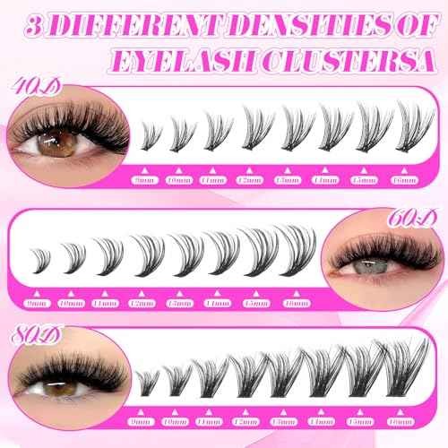 Lash Clusters Kit, 560 Pcs Eyelashes Clusters Kit 9-16mm Individual Natural Lash Extension Kit D Curl Fluffy Wispy False Eyelashes (40D+60D+80D New, With Bond & Seal Tweezers Brush)