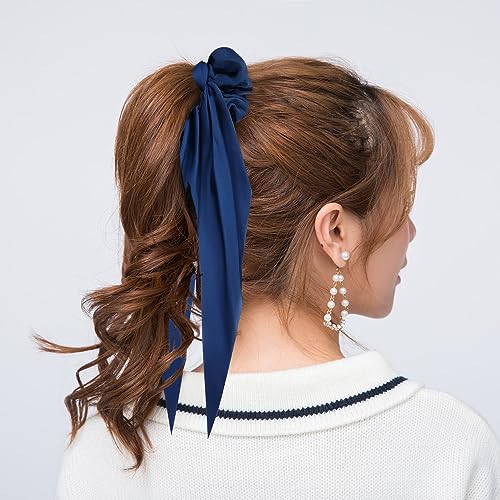 Cinaci 12 Pieces Solid Silky Satin Chiffon Hair Ties with Long Ribbon Bow Tail Hair Scrunchies Ponytail Holders Rubber Bands Accessories for Women Girls Teens