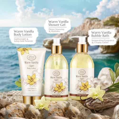 Bath and Body Warm Vanilla Sugar Spa Gifts for Women, with Shower Gel, Bubble Bath, Body Lotion, Bath Bomb, Bath Salt, Spa Basket Gift Set for Women, 7pcs Set Gifts