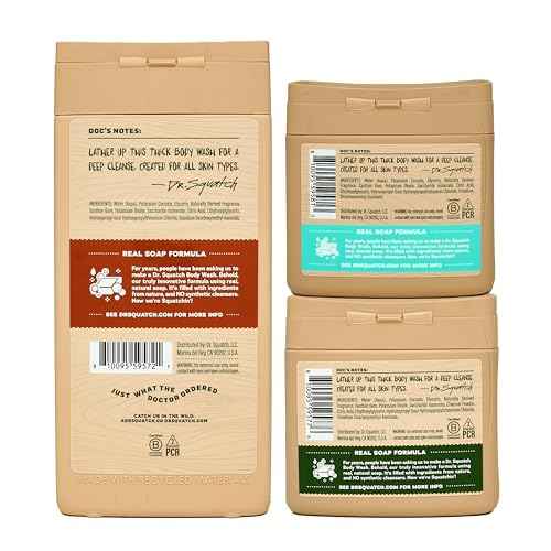 Dr. Squatch NEW Body Wash for Men with Nourishing, Natural Ingredients | No Paraben, Phthalate, Sulfate | Wood Barrel Bourbon (14 oz), Coconut Castaway & Pine Tar (8 oz, 2-Pack) & Body Scrubber