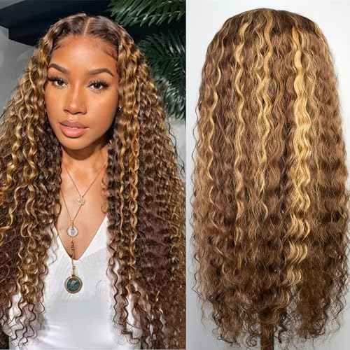 Wear and Go Glueless Highlight Ombre 4/27 Human Hair Wigs Deep Wave Curly Wet and Wavy Lace Front Pre Plucked Pre Cut 5x5 HD Lace Closure Wigs for Black Women £¨4/27 24 Inch£©