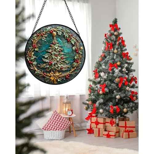 Stained Glass Window Hangings - Red Gold Green Wreath Suncatcher for Door Home Christmas Tree Decoration Sun Catcher Thanksgiving New Year Birthday Gift for Women Men Mom Grandma 6.3 in