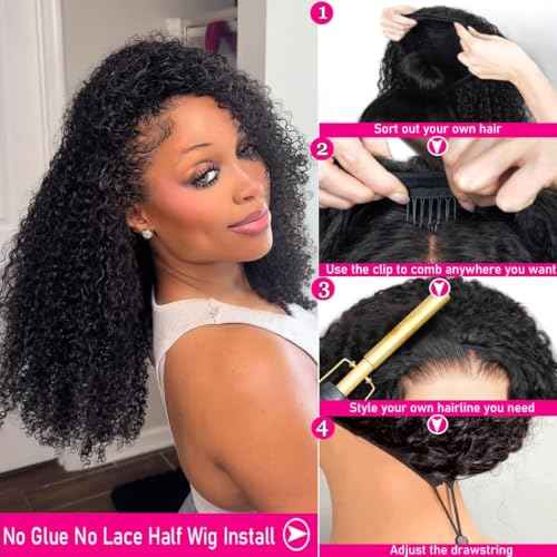 Kinky Curly Half Wig Human Hair 200 Density 3 In 1 Seamless Flip Over Half Wigs Wear Go Glueless Wigs Human Hair for Women Curly Half Wig Human Hair Drawstring Headband Wig Beginner Friendly 18 Inch