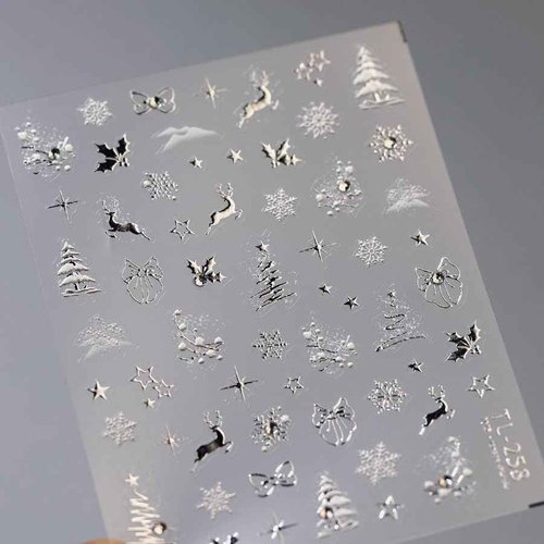 5D Christmas Nail Stickers Silver Nail Sticker for Nails Art Snowflake Nails Decals with Design Elk Christmas tree Nail Decals Self Adhesive Nails Stickers for Women Girls DIY Acrylic Nail Accessories