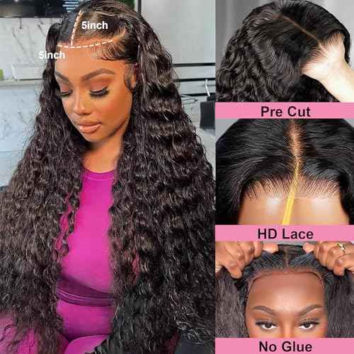 Wear and Go Glueless Wigs Human Hair Pre Cut 200% Density Water Wave 5x5 HD Lace Closure Wigs Human Hair with Baby Hair Pre Plucked Natural Hairline Wet and Wavy Wig for Women 22 Inch