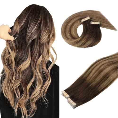 DOORES Tape-in Hair Extensions - Balayage Chocolate Brown to Caramel Blonde, 40pcs, 100g, 20 Inch, Remy Silky Straight Skin Weft Natural