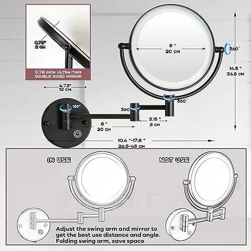 Hard Wired Make up Mirror Magnifying Lighted Black Wall Mounted, 8" 1X/5X Double-Sided 360 Swivel Extendable Arm Bathroom Makeup Mirror Wall Mount, Touch Dimmable, Matt Black