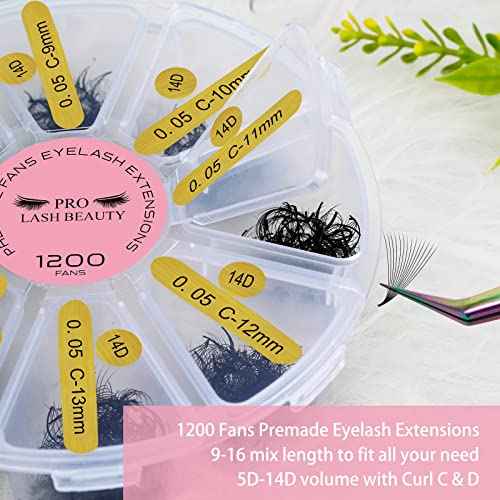 1200 Fans Premade Fans Eyelash Extensions Premade Volume Lash Extension Mixed Tray From 5D to 14D Handmade Lashes Bulk Promade Fans Soft Pointed Fans 14D-C-0.05-9-16mix