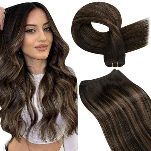LaaVoo Sew in Hair Extensions Human Hair Balayage Brown Weft Hair Extensions Sew in Doble Weft Extensions Dark Brown Ombre Light Brown 22 Inch 100g