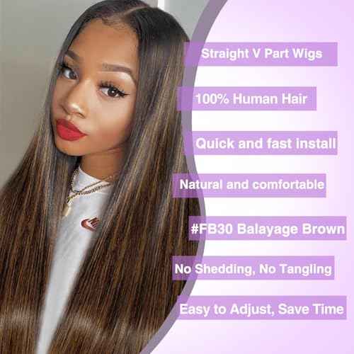 CHEETAHBEAUTY FB30 Ombre V Part Wig Human Hair 18Inch No Leave Out Upgrade Straight U Part Wig Highlight Blonde No Glue Brazilian Virgin Straight Human Hair Wigs for Women Colored Brown 180% Density
