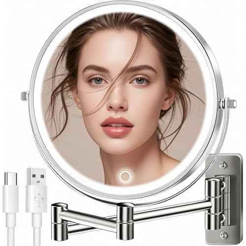 9" Large 15X Rechargeable Wall Mounted Lighted Makeup Mirror Nickel, 5000mAh HD Magnifying Mirror with 3 Color Bright Lights Touch Screen Dimmable, 17" Extendable 360¡Æ Swivel Bathroom Vanity Mirror