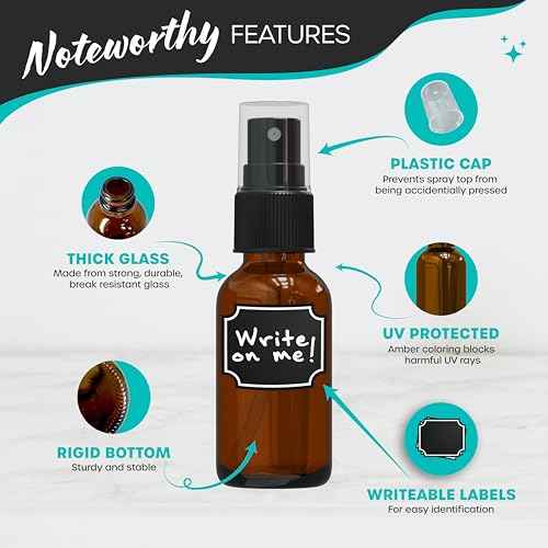 Nevlers Amber Glass Spray Bottles Small 1 Oz 48 PK | Mini Spray Bottle Set w/Amber Bottles, Shrink Wrap, Labels, Marker, Funnel & Brush | Travel Size Mist Bottle For Use as Oil Mister & Hair Mister