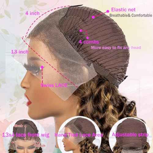 Honey Blonde 13x4 Deep Wave Lace Front Wigs Human Hair Pre Plucked with Baby Hair 4/27 Highlight Glueless HD Transparent Lace Frontal Wigs for Black Women 180 Density (24 Inch)