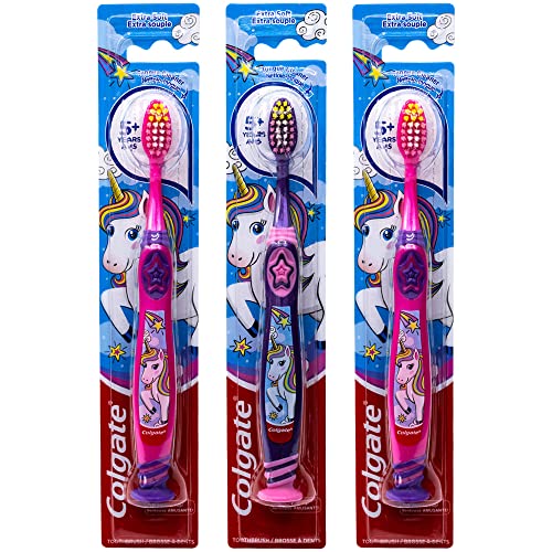 Colgate Kids Unicorn Toothbrush, with Suction Cup for Children 5+ Years Old, Extra Soft (Colors Vary) - Pack of 3