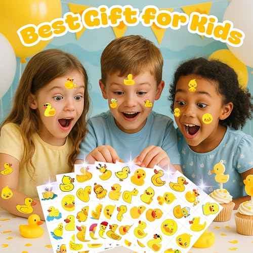96 PCS Rubber Duck Pre-Cut Temporary Tattoos Themed Birthday Party Decorations Supplies Favors Decor Little Yellow Ducky Tattoo Stickers Gifts For Game Boys Girls Classroom School Prizes