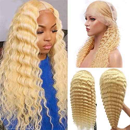 613 Lace Front Wig Human Hair Pre Plucked with Baby Hair Deep Wave Blonde Virgin Hair Pre Plucked 13x6 HD Transparent Frontal Wigs with Baby Hair 24 Inch 150% Density Glueless Curly Wigs for Women