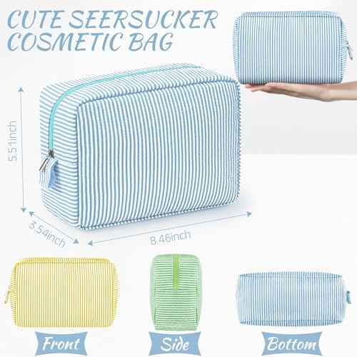 Sanwuta 3 Pcs Seersucker Cosmetic Bag Seersucker Makeup Bag Women Stripe Large Travel Toiletry Organizer Preppy Storage Pouch for Embroidery Christmas Bridesmaid Gifts(Yellow, Green, Lake Blue)