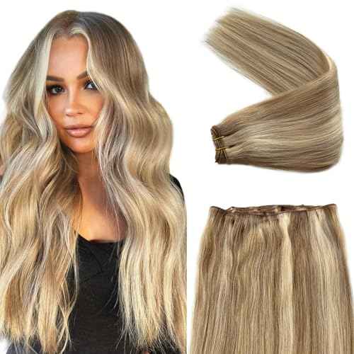 Weft Hair Extensions Real Human Hair Bundles Highlight Blonde Sew in Hair Extensions 18 Inch 100G Soft Natural Beige Blonde and Platinum Highlights Human Hair Weft Weave Bundles for Women