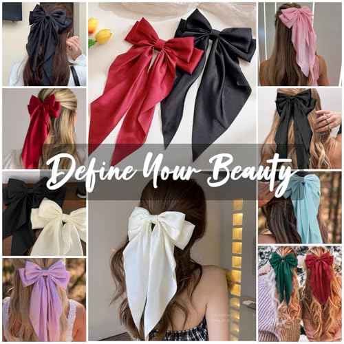 DTERSE Hair Bows for Women Big Bows Hair Accessories for Womens Girls 10PCS, Valentine's Day Hair Bows for Women Cute Oversized Bow Hair Clips with Long Tails, Silky Satin Ribbon Bows for Hair