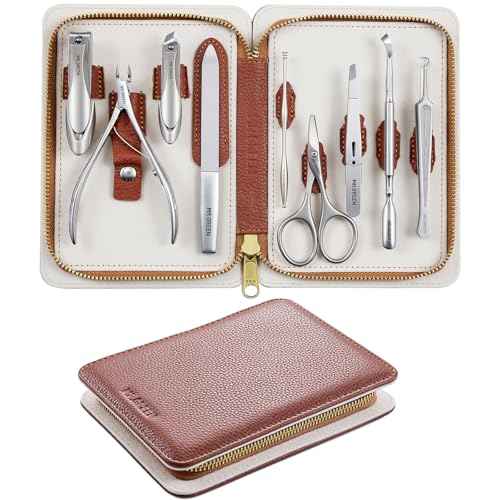 MR.GREEN 9-in-1 Manicure & Pedicure Set ? Professional German Stainless Steel Nail Clippers Grooming Kit with Splash-Proof Nail Clipper & Genuine Leather Travel Case (Cognac Brown)