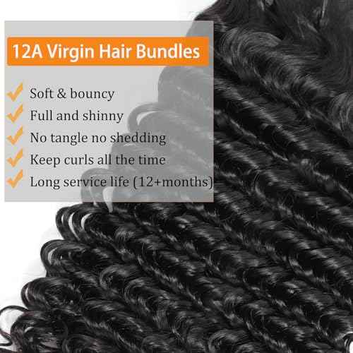 Deep Wave Bundles Human Hair 20 22 24 Inch Deep Curly Bundles 12A Grade 100% Unprocessed Brazilian Virgin Hair Wet and Wavy Bundles Double Weft Deep Weave Natural Black Color