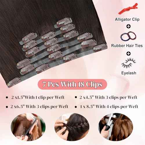 Seamless Clip in Hair Extensions Real Human Hair For Women 125g 20 Inch Dark Brown Invisible PU Skin Weft Remy Human Hair Extensions clip ins 7Pcs 18 Clips