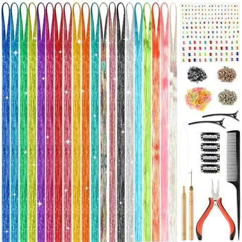PLULON 20 Colors Hair Tinsel Kit with Tools 4000 Strands 47 Inches Tinsel Hair Extensions Glitter Fairy Hair Extensions Tinsel Kit for Girls Women Christmas New Year Party