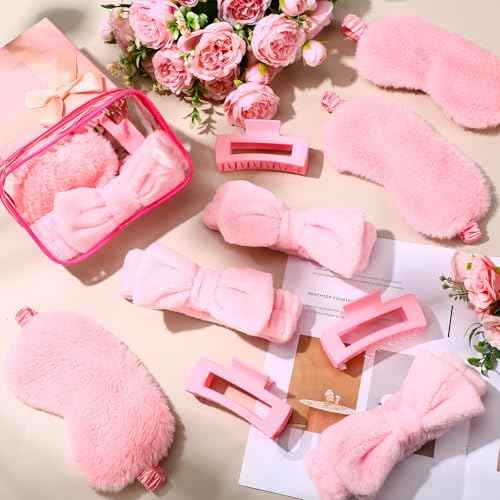 Hoteam 24 Pcs Sleepover Spa Party Favors Supplies 6 Spa Headband 6 Plush Sleep Eye Mask 6 Hair Claw Clips 6 Clear Cosmetic Bags for Slumber Party Christmas Gift(Pink)