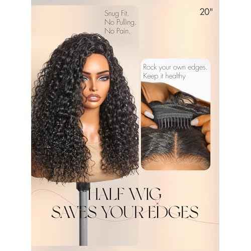 LUVME HAIR Half Wig Human Hair Water Wave Flexi-Fit Invisi Flip Drawstring Wig 200% Density Glueless Wigs 100% Human Hair Natural Black Ready to Go Headband Wig for Women