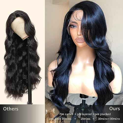 Bombshell Body Wave Wig, Synthetic Lace Front Wig Pre Plucked Glueless Ready to Wear, 13X5X1 Side Part HD Lace Wigs for Women 24inch, 1B Jet Black Wig Human Hair Luster