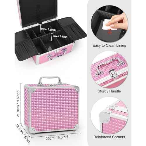 Relavel Makeup Bag with LED Mirror, Makeup Box Travel Train Case with Rechargeable Lighted Mirror, Cosmetic Brush Organizer Storage for Makeup Artists Gifts for Women and Girls, Pink