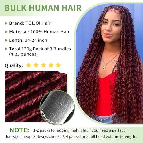 Human Braiding Hair for Boho Braids 120g 12A Deep Water Wave Bulk Human Hair Knotless Boho Braiding Curly 100% Virgin No Weft Extensions Bohemian Braids 3 Bundles/Pack Burgundy 20 Inch