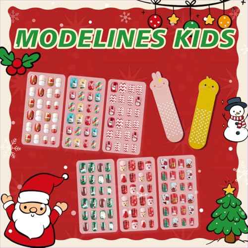 144Pcs Kids Press on Nails - Children Girls Short Artificial Fake Nails, No Fading Stable Cute Pre-Glue Full Cover Acrylic Tip Kit, Gift for Kids Decoration (Christmas Style)