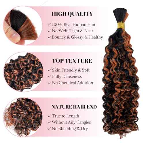 Belaved Human Braiding Hair Highlight 2 Bundles 100g 22 Inch Ombre Brown Water Wave Bulk for Braiding 100% Brazilian Virgin 1BP30 Curly Hair Extensions for Boho Braids Wet Wavy Micro