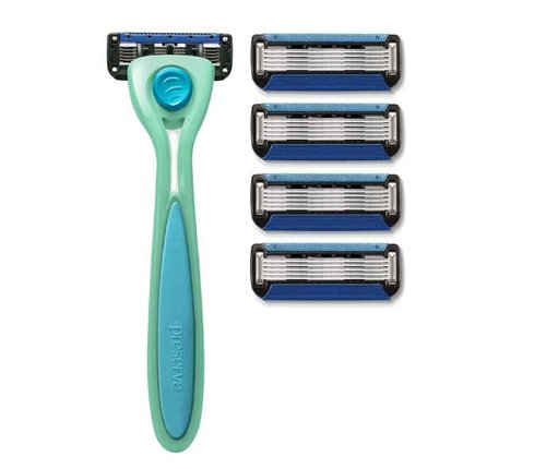 Preserve POPi Shave 5 Razor System Made with Recycled Ocean Plastic, Neptune Green - 5 Blade Razor with 4 Replacement Cartridges