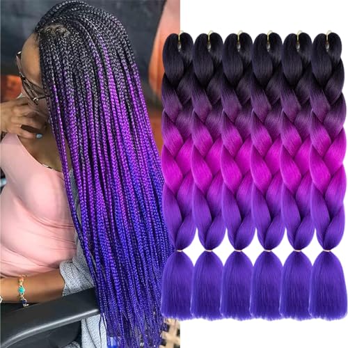 FYRLNA 6 Packs 24 Inch Jumbo Braiding Hair Soft High Temperature Resistance Synthetic Hair Extensions for Women 24 Inch Ombre Jumbo Braiding Hair Twist Crochet Braids Hair (24 Inch (Pack of 6), Black to Purple Red to Royal Blue)