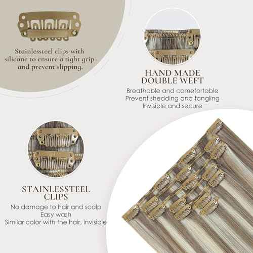 Clip in Hair Extensions Real Human Hair 20inch 95g 7PCS Ash Brown Highlights Platinum Blonde Remy Clip on Human Hair Double Weft Natural Silky Straight Clip ins Hair