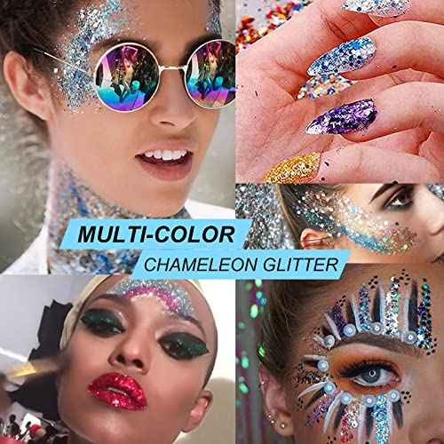 Green Gold Face Body Hair Glitter Gel for St. Patrick's Day Mardi Gras Festival Rave Accessories, Long Lasting Holographic Chunky Mermaid Sequins Glitter Gel Makeup for Women Men Kids, 1oz